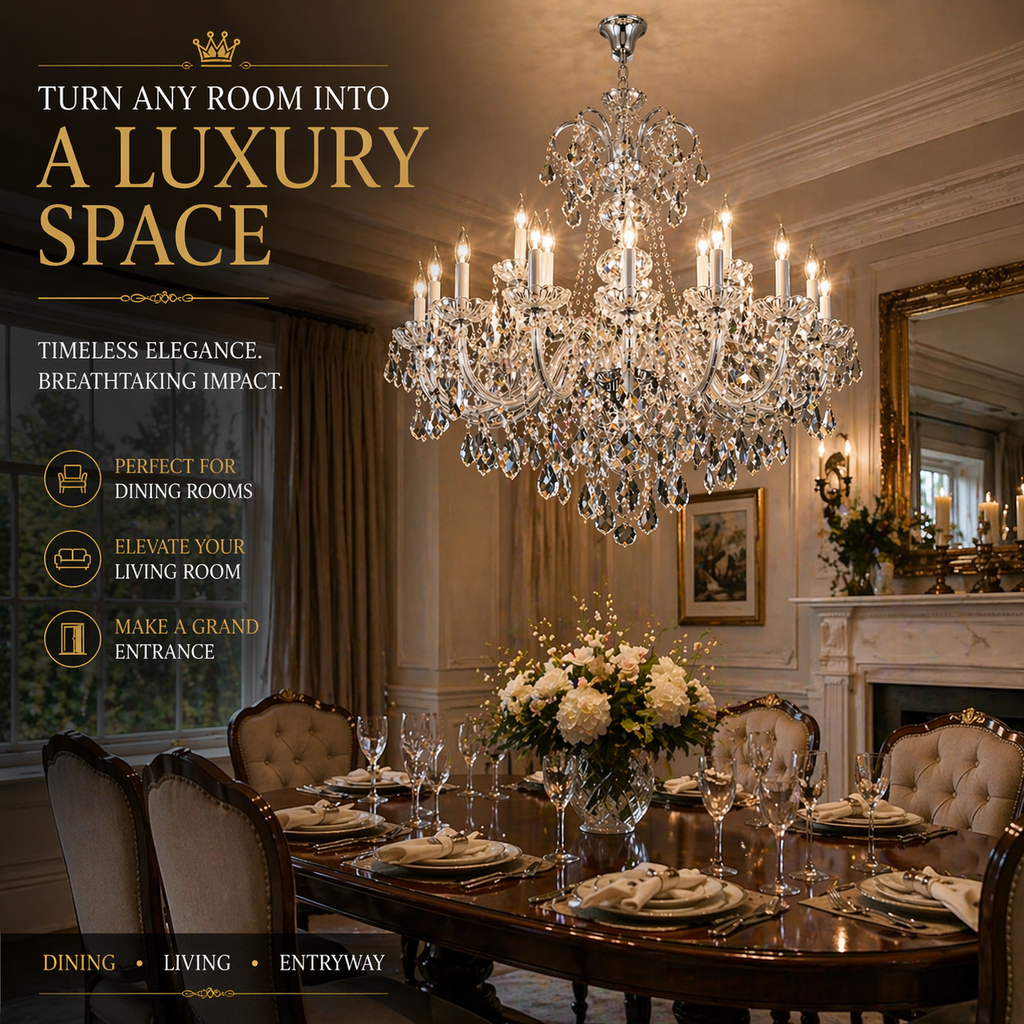 Large 12-light crystal chandelier above a formal dining table.