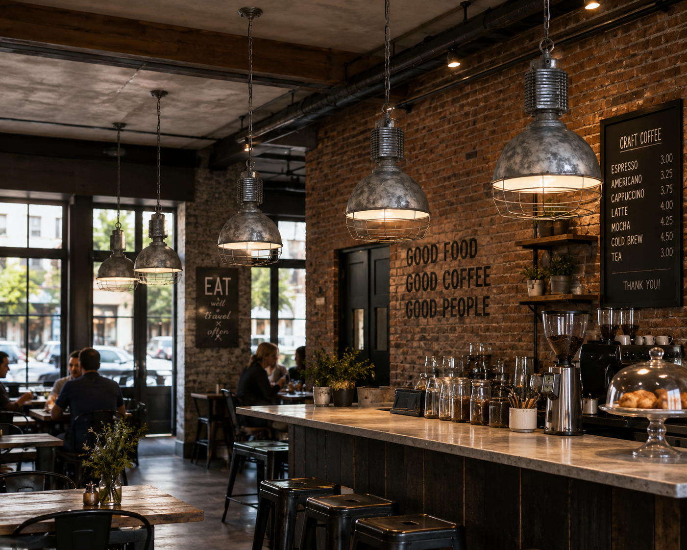 Industrial metal cage dome pendants installed in a brick-walled café.