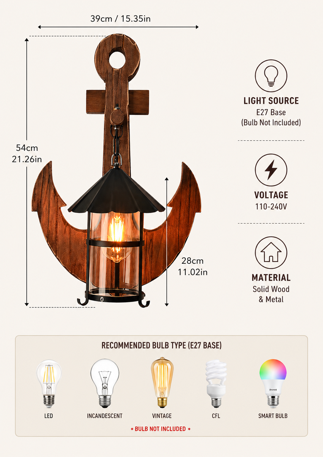 Specification diagram showing 39 cm width, 54 cm height, E27 socket, 110–240V and solid wood and metal construction.