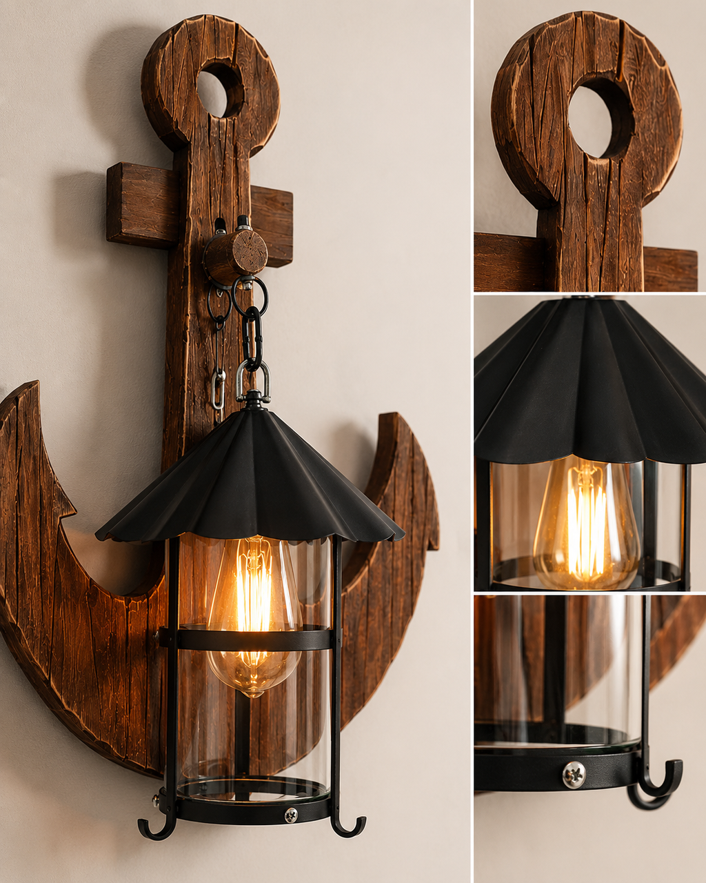 Detail collage of the wooden anchor, hanging chain, metal shade and clear lantern glass.