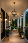 Black geometric glass lantern pendant lights illuminating a covered porch at dusk.