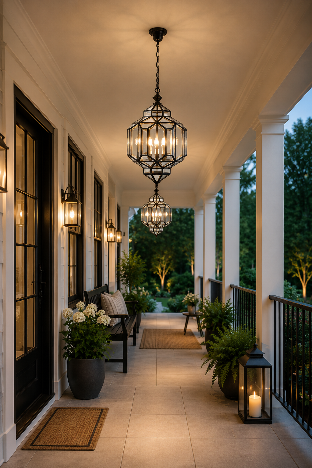Black geometric glass lantern pendant lights illuminating a covered porch at dusk.