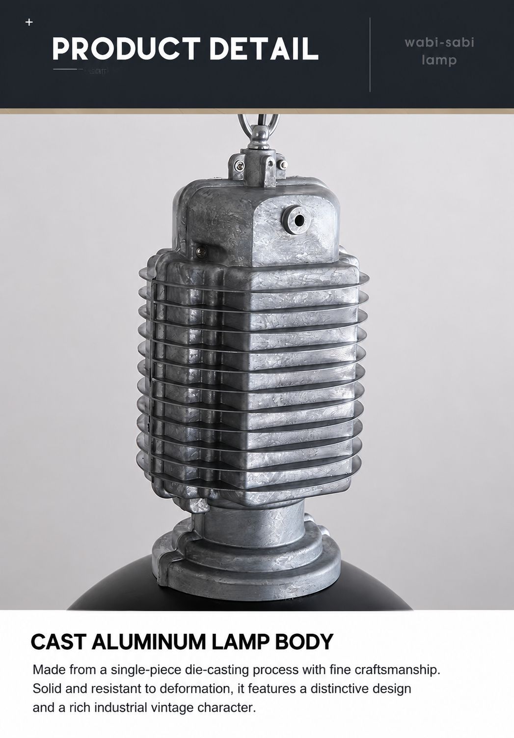 Close-up of the cast-aluminium ribbed upper lamp body.