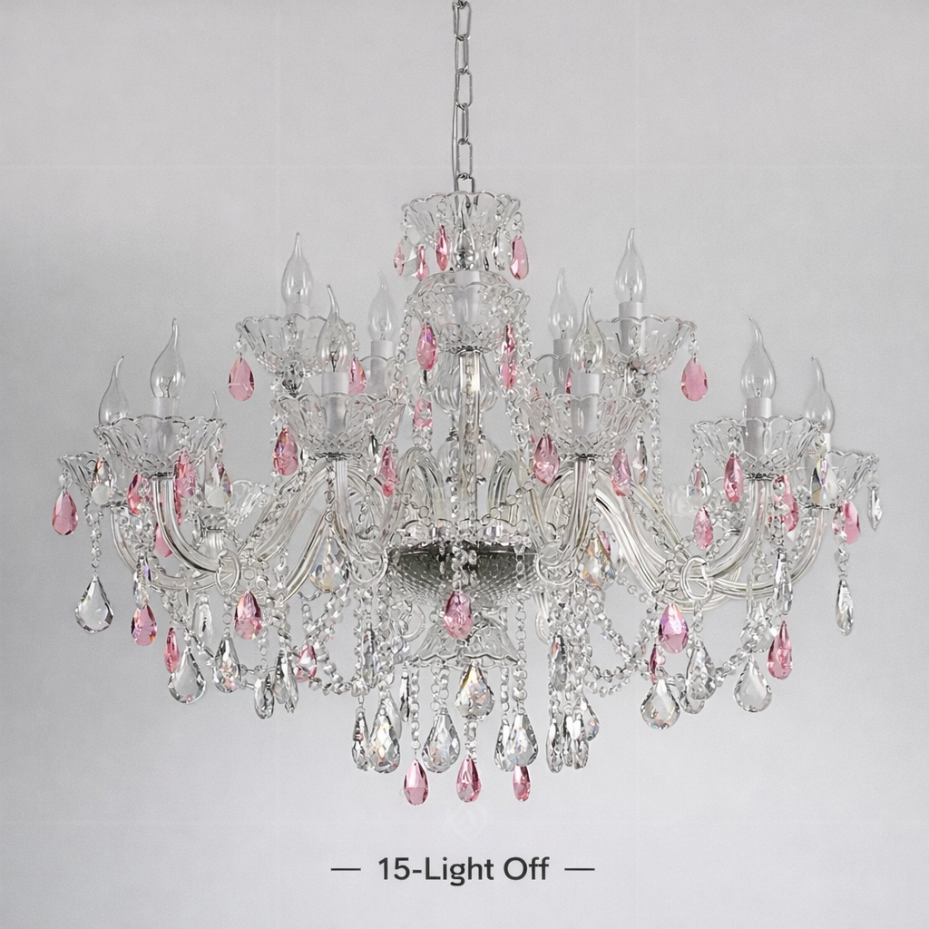 15-light pastel crystal chandelier shown switched off.