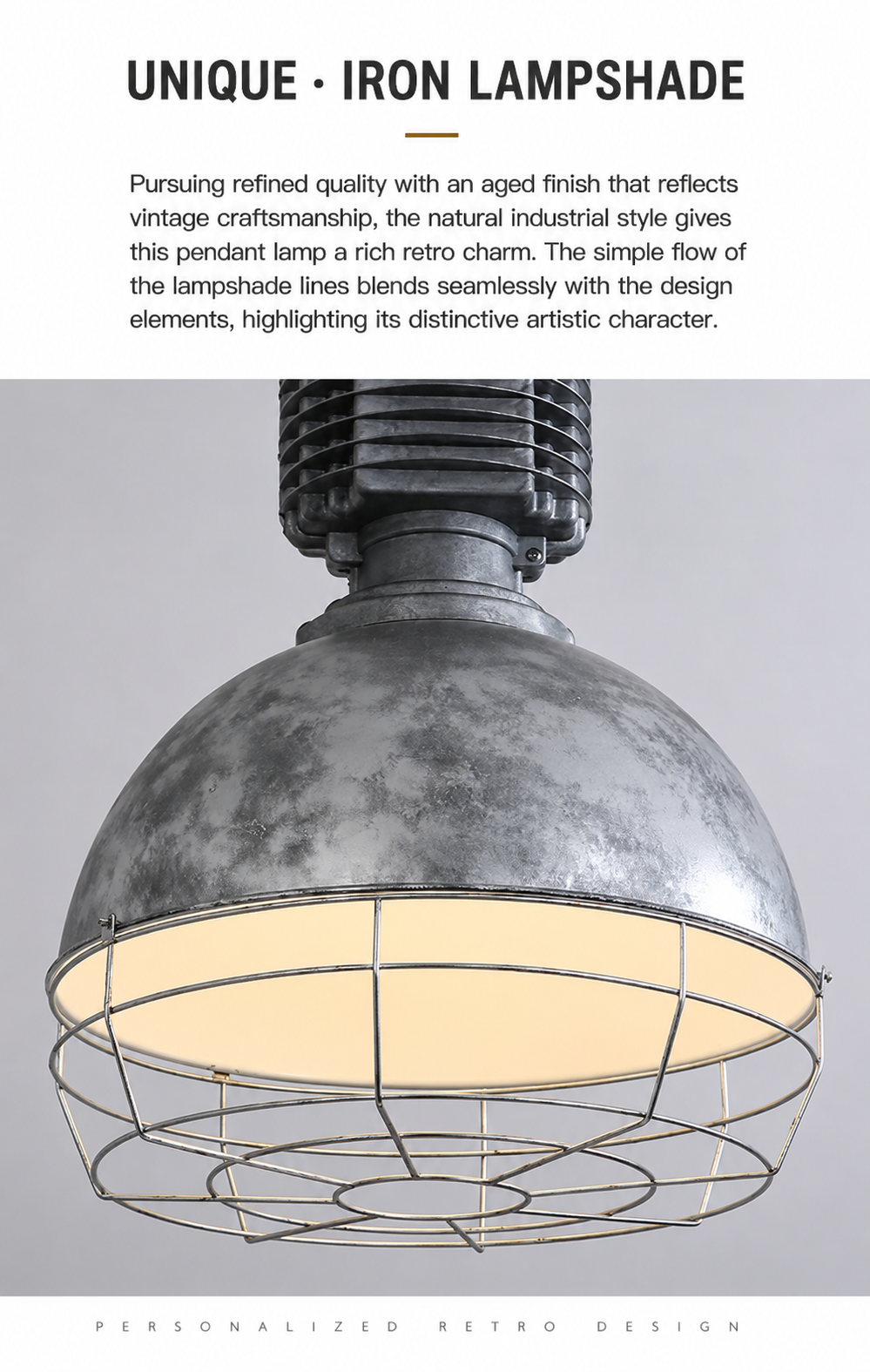 Close-up of the aged-silver iron dome lampshade and lower safety cage.