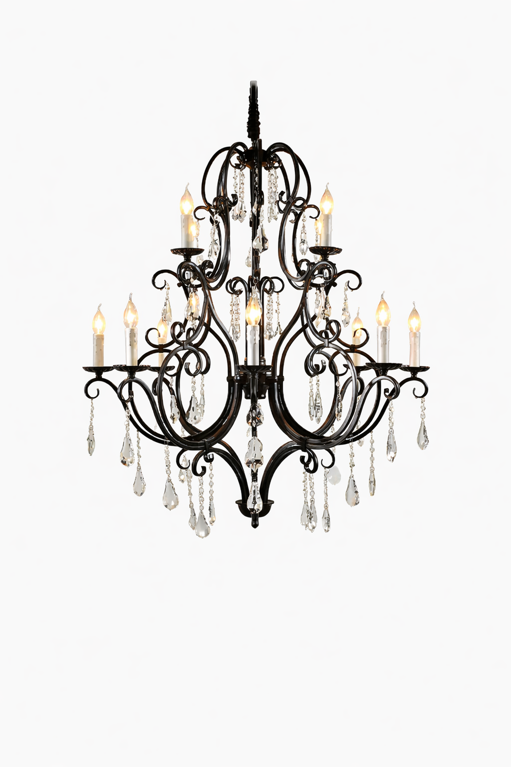Front view of the black 12-light wrought-iron chandelier with crystal drops.