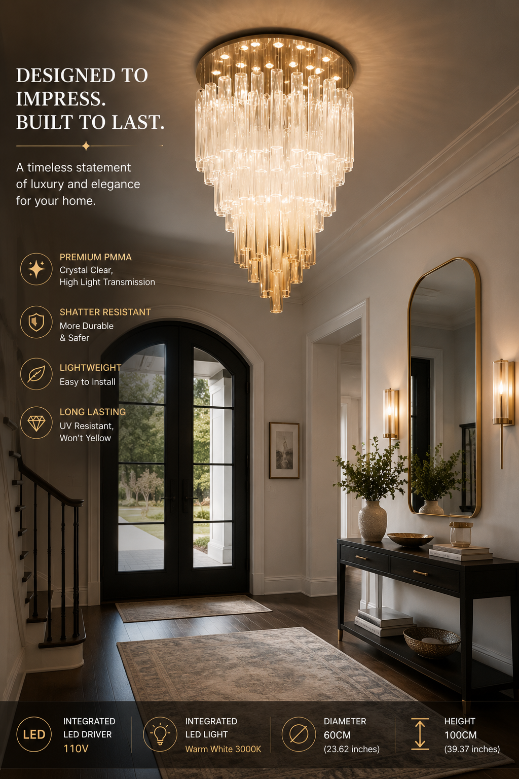Tiered PMMA crystal-style chandelier in an entryway with material and integrated LED feature callouts.