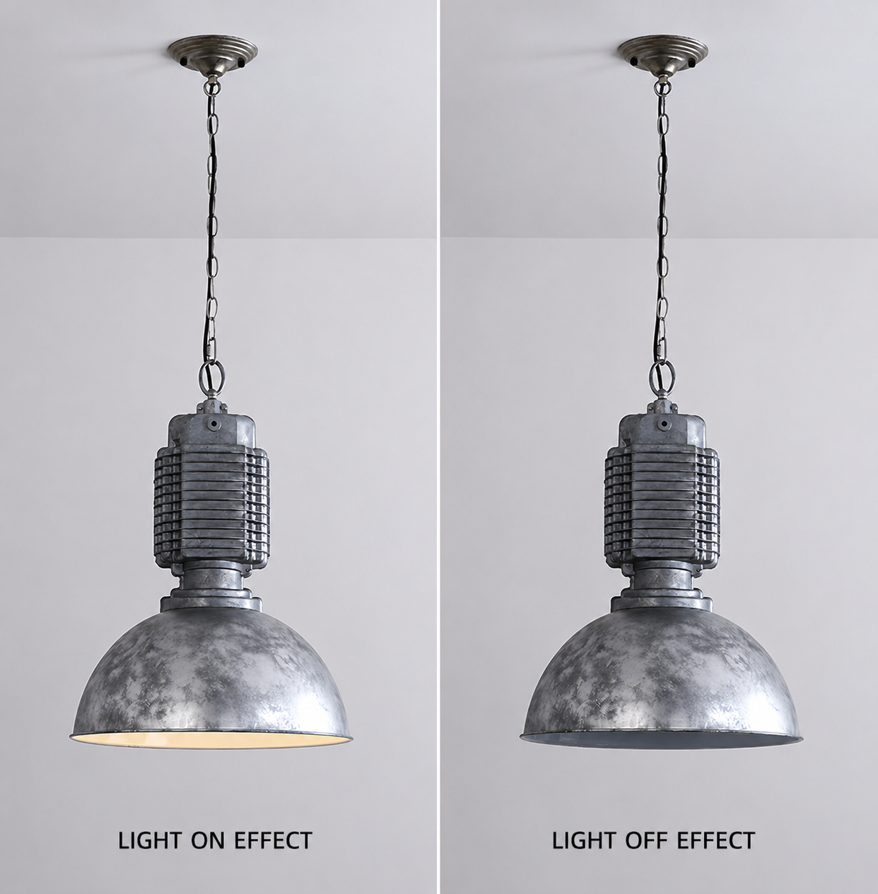 Industrial dome pendant without the lower cage shown with the light switched on and off.