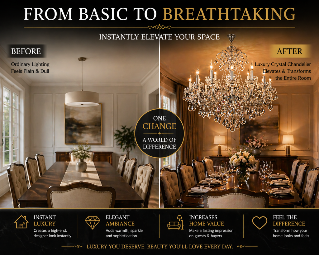 Dining room before-and-after comparison with the 12-light crystal chandelier installed.