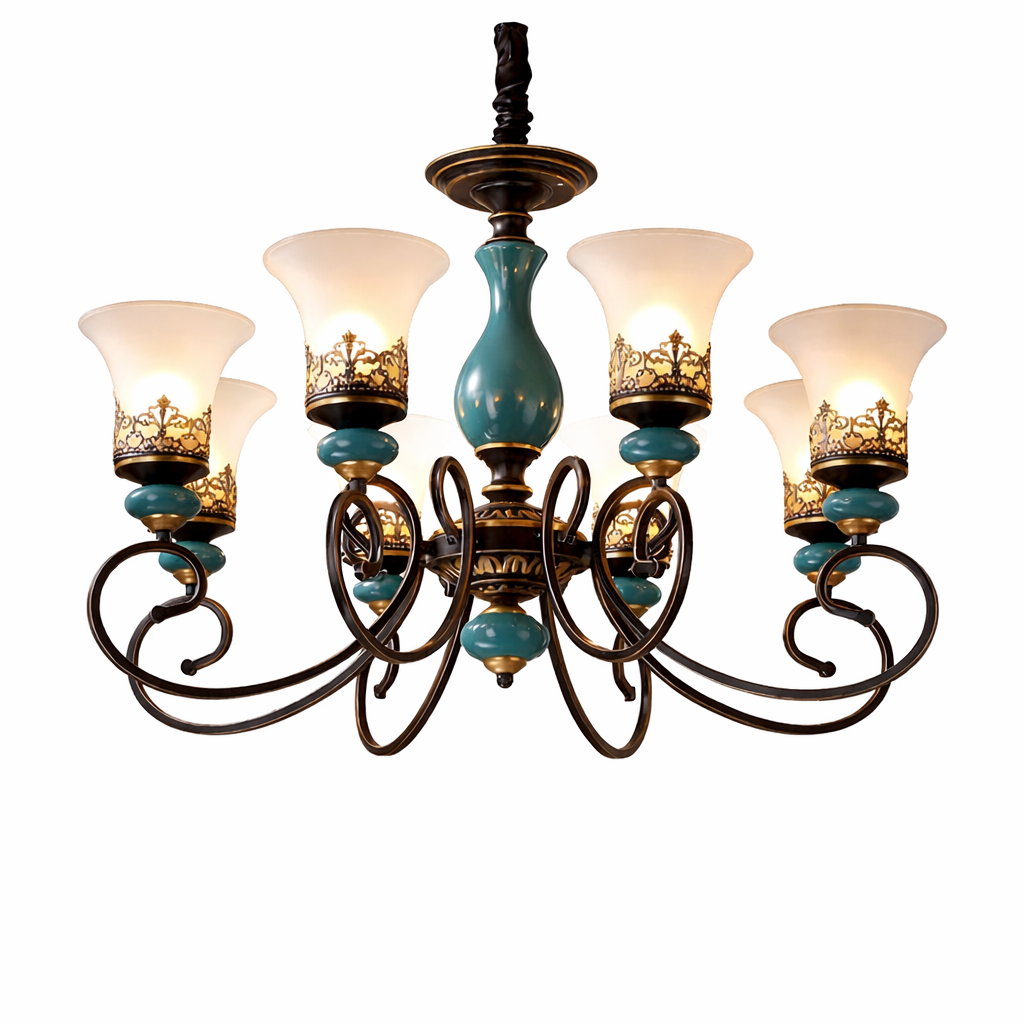 Front view of the teal ceramic chandelier with translucent glass shades and wrought-iron arms.
