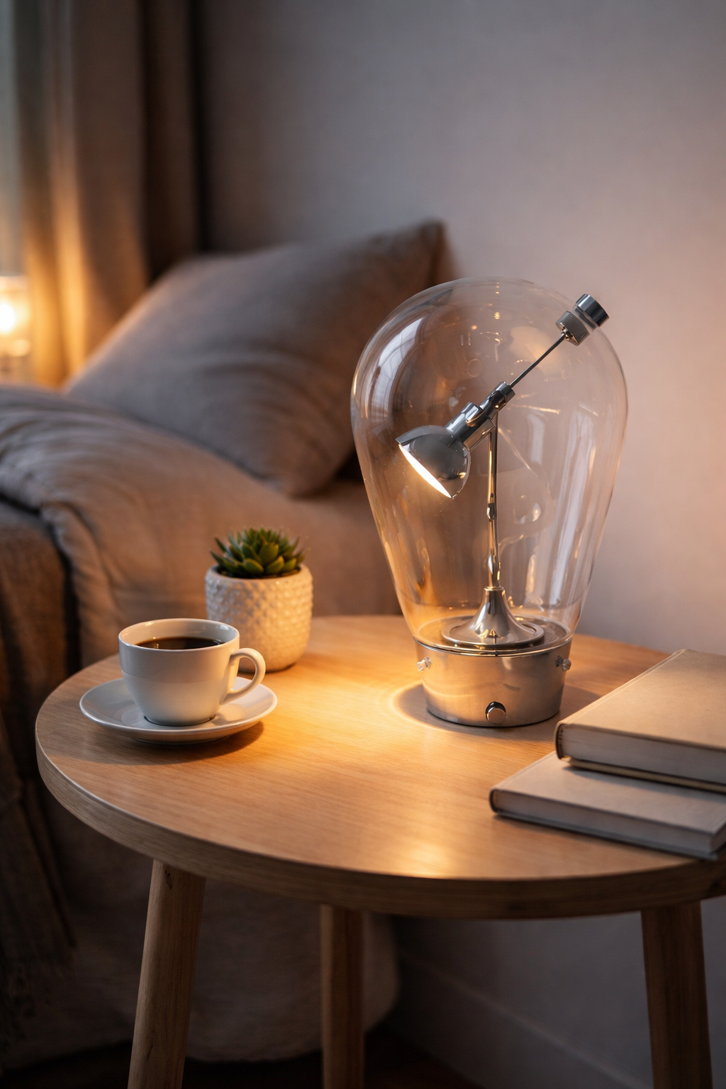 Glass-dome adjustable task lamp beside a cup and books.