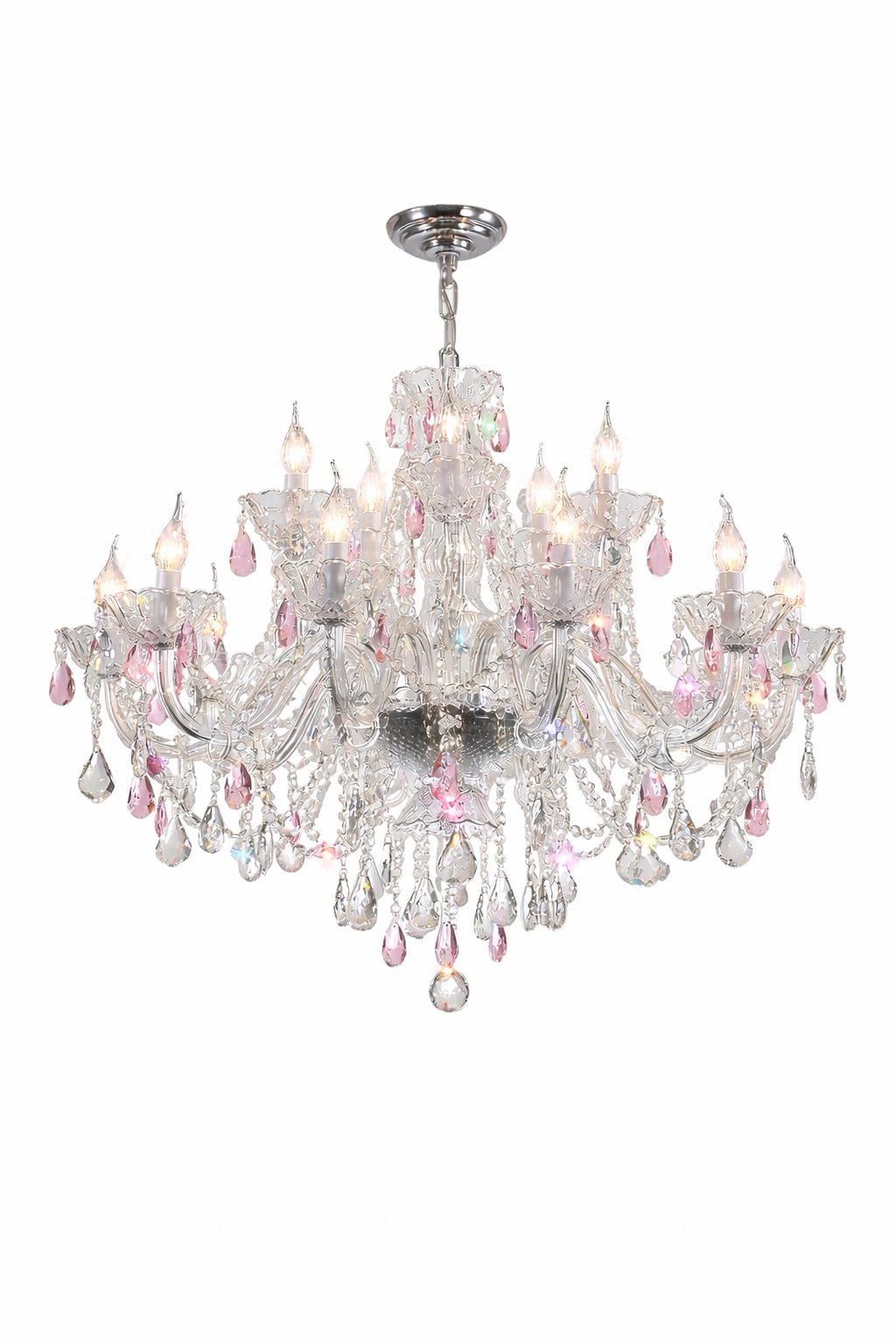 Front view of the clear and pastel-pink 15-light crystal chandelier.