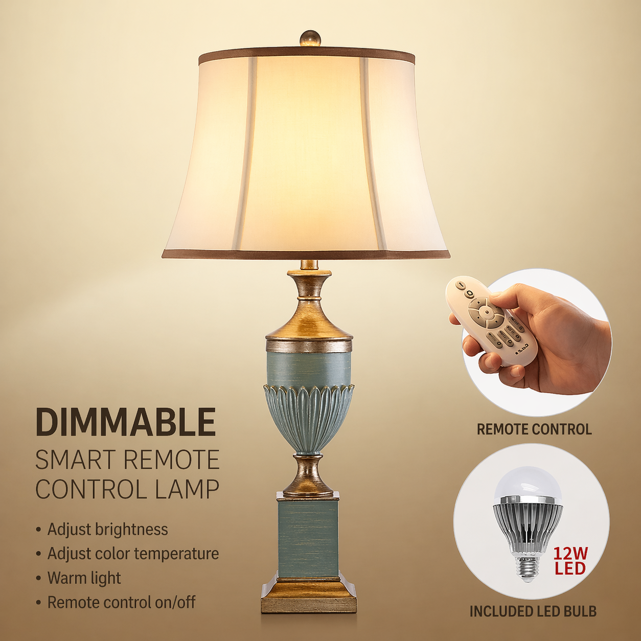 Remote-controlled dimmable table lamp with included 12W LED bulb and adjustable colour temperature.