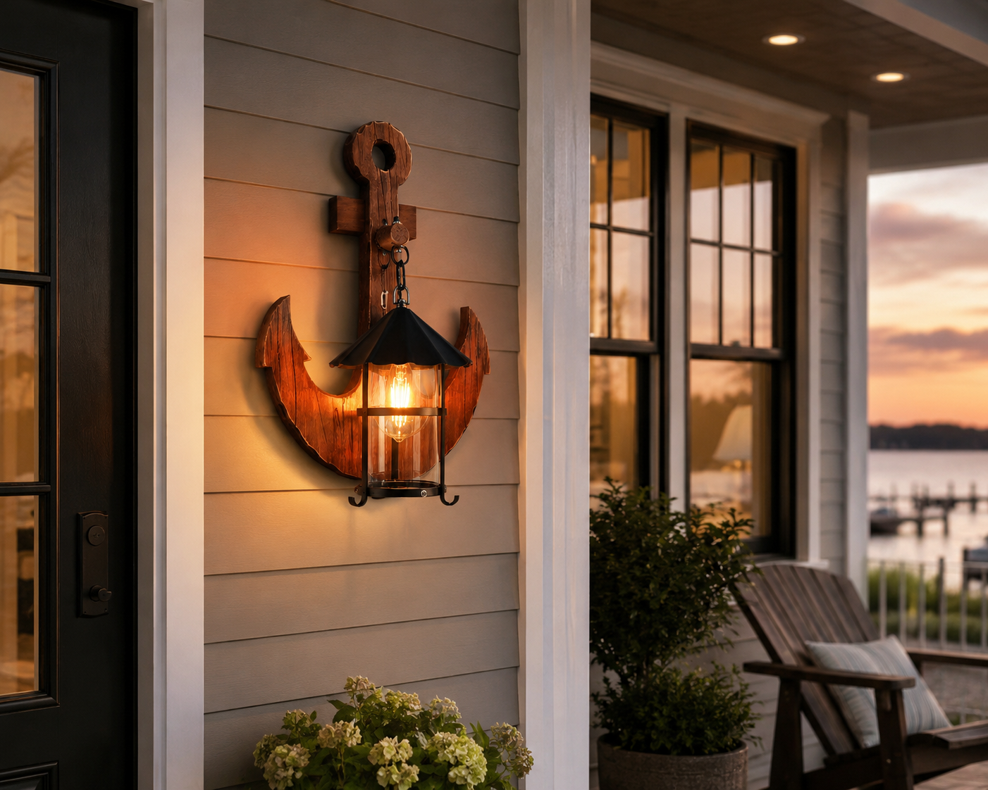 Rustic wooden anchor lantern wall light installed beside a sheltered exterior doorway.