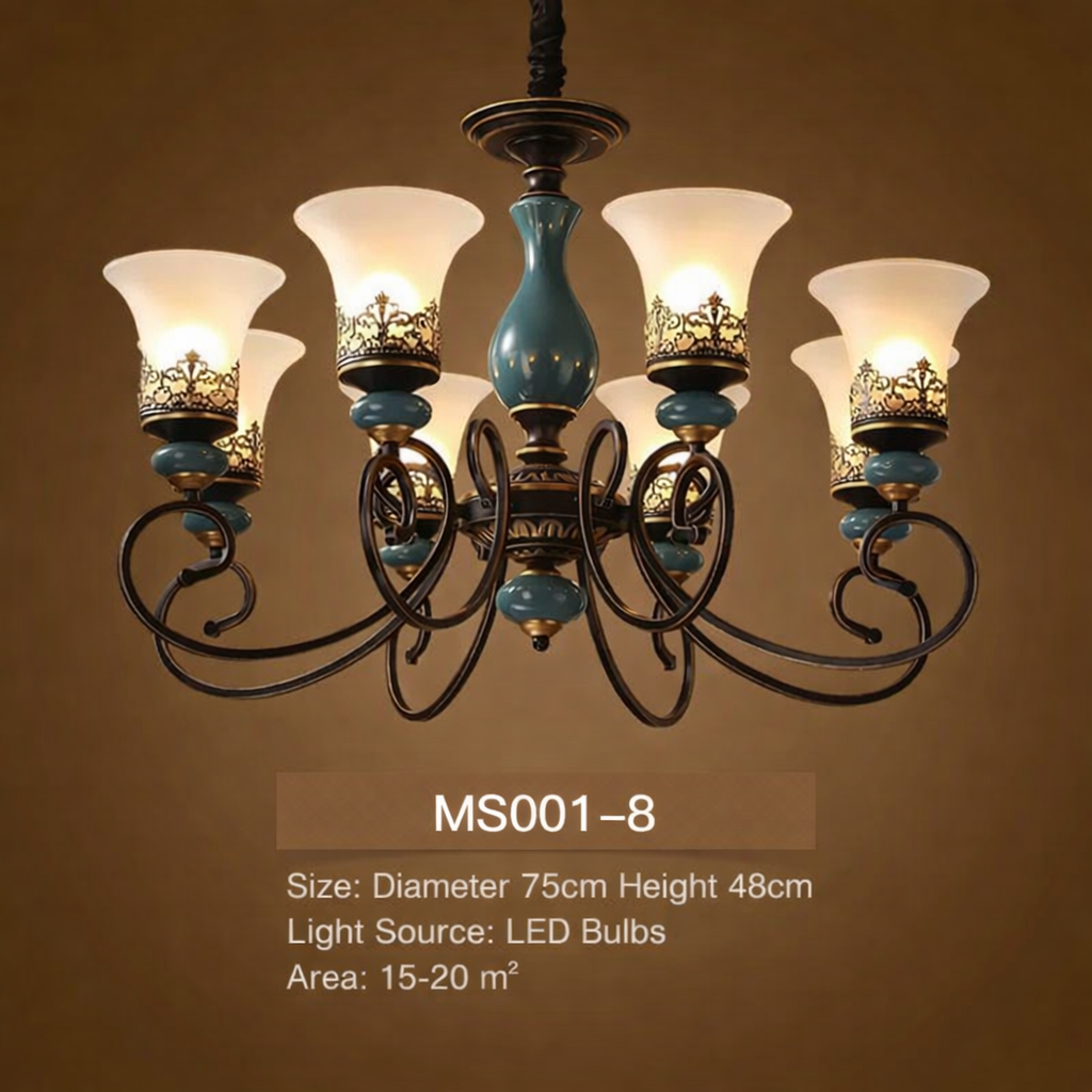 Illuminated MS001-8 chandelier with 75 cm diameter and 48 cm height.