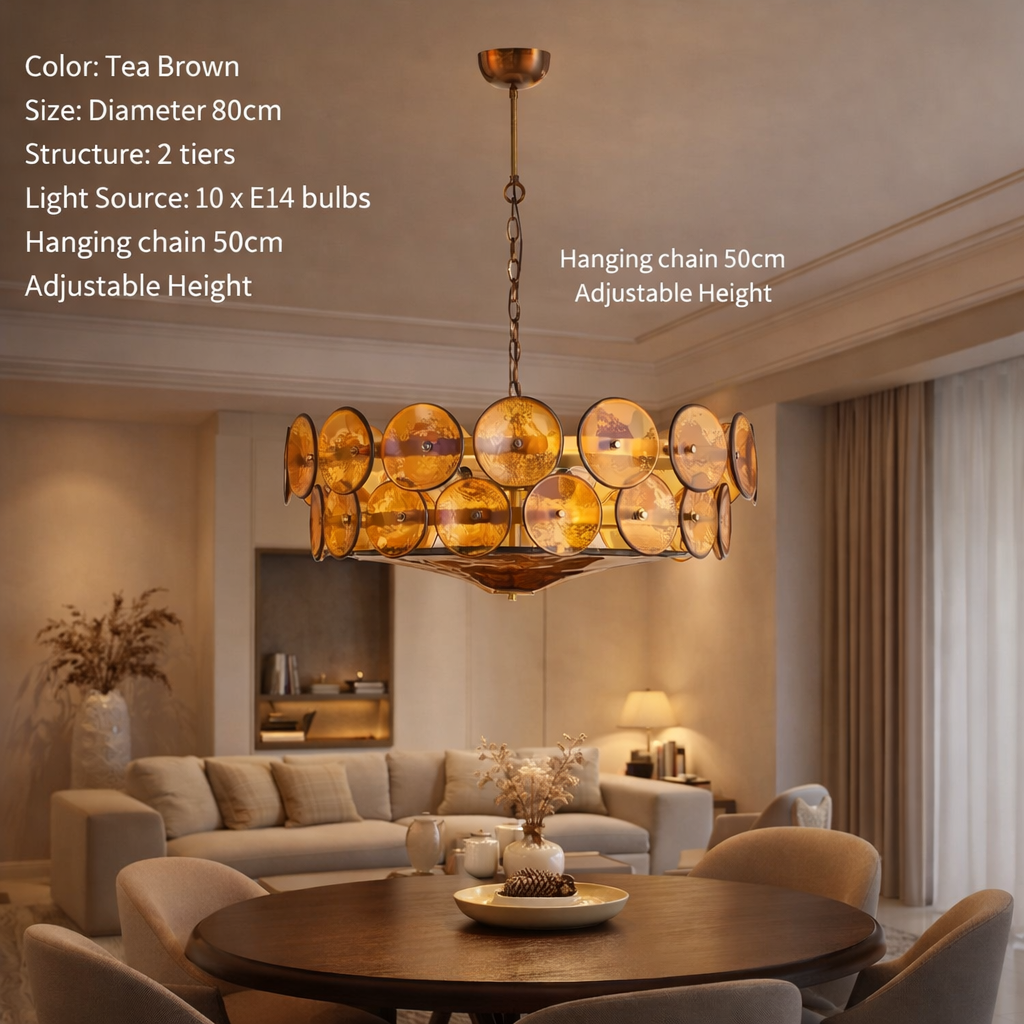 Tea-brown disc chandelier above a dining table with size and lighting specifications.