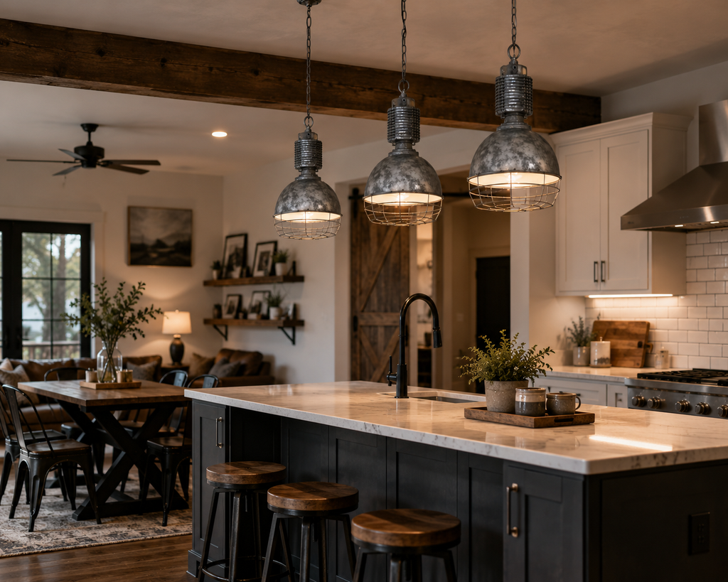 Three industrial metal cage dome pendant lights above a farmhouse kitchen island.