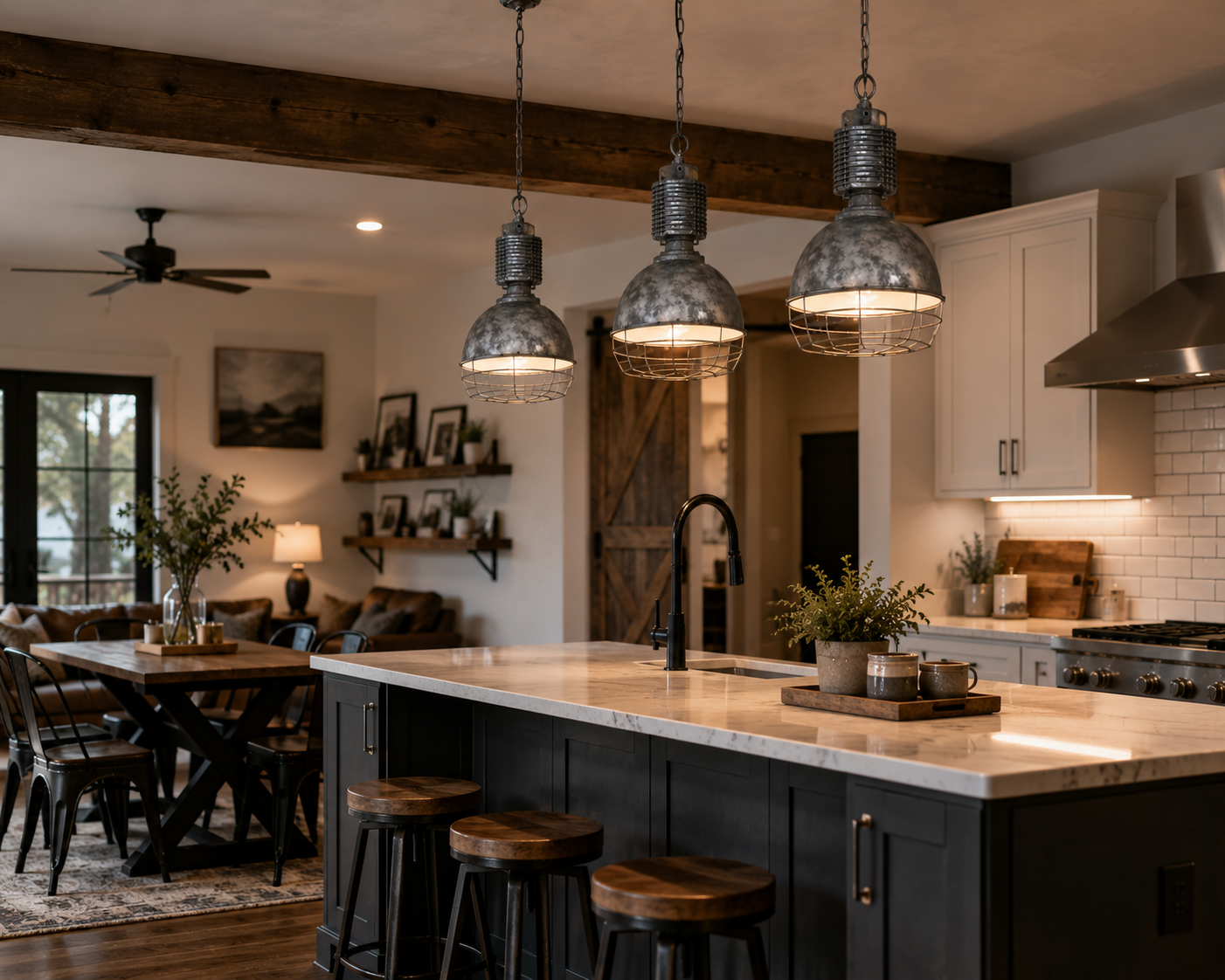 Three industrial metal cage dome pendant lights above a farmhouse kitchen island.