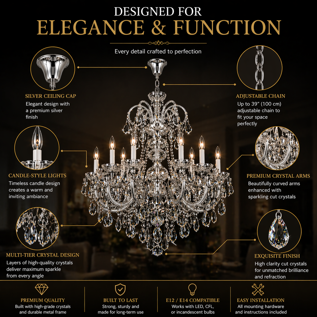 Feature diagram showing the silver-tone cap, crystal arms, candle-style lights and layered crystal drops.