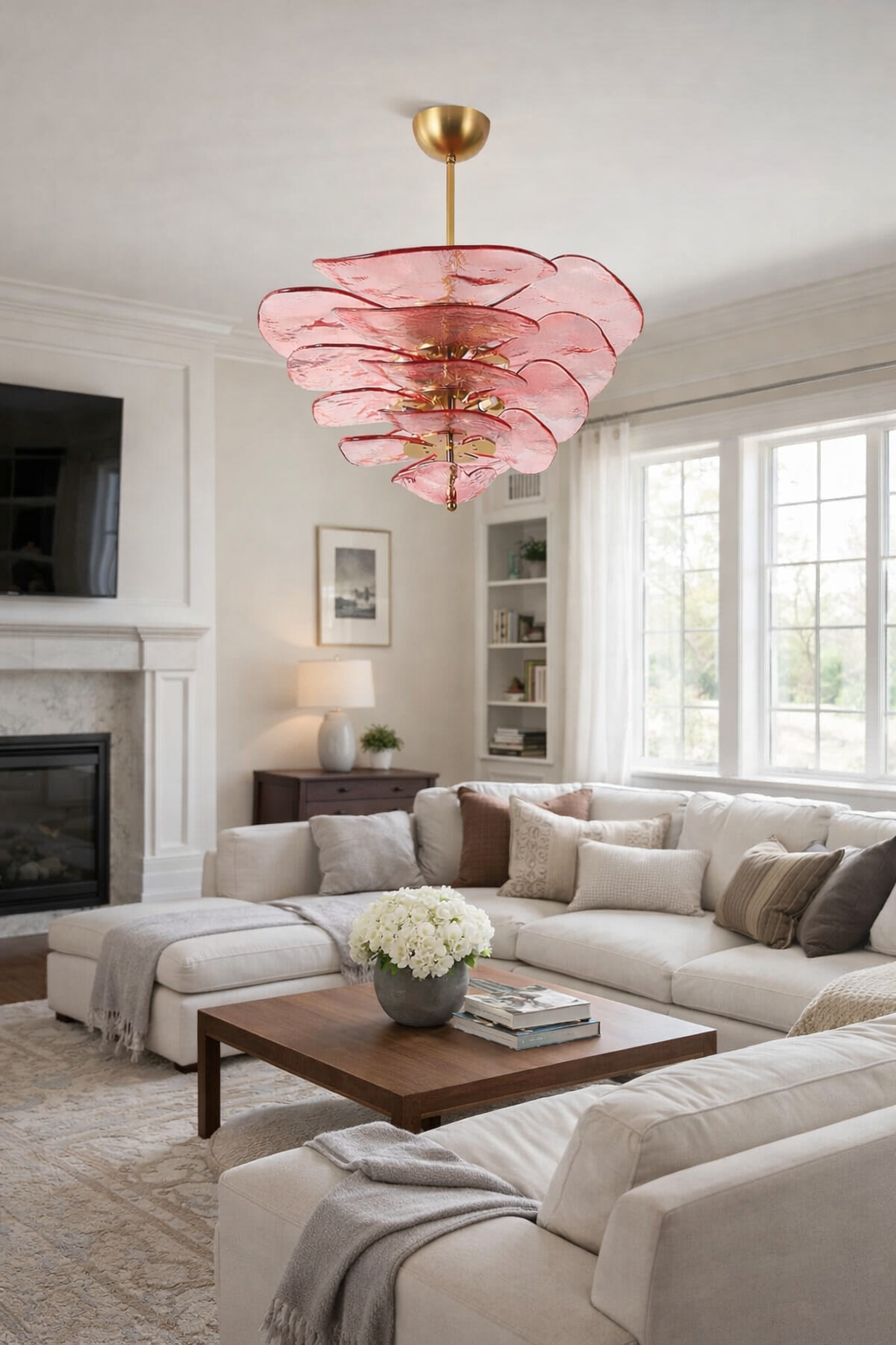 Blush-pink sculptural glass chandelier with layered organic forms in a bright living room.