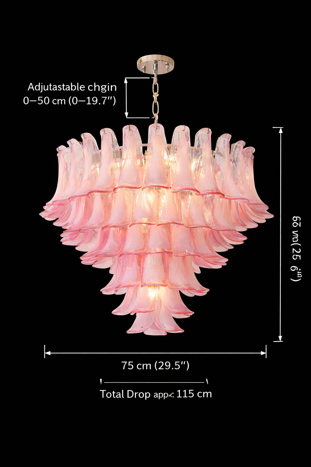 Dimension diagram showing 75 cm width, 66 cm fixture height and adjustable chain up to 50 cm.