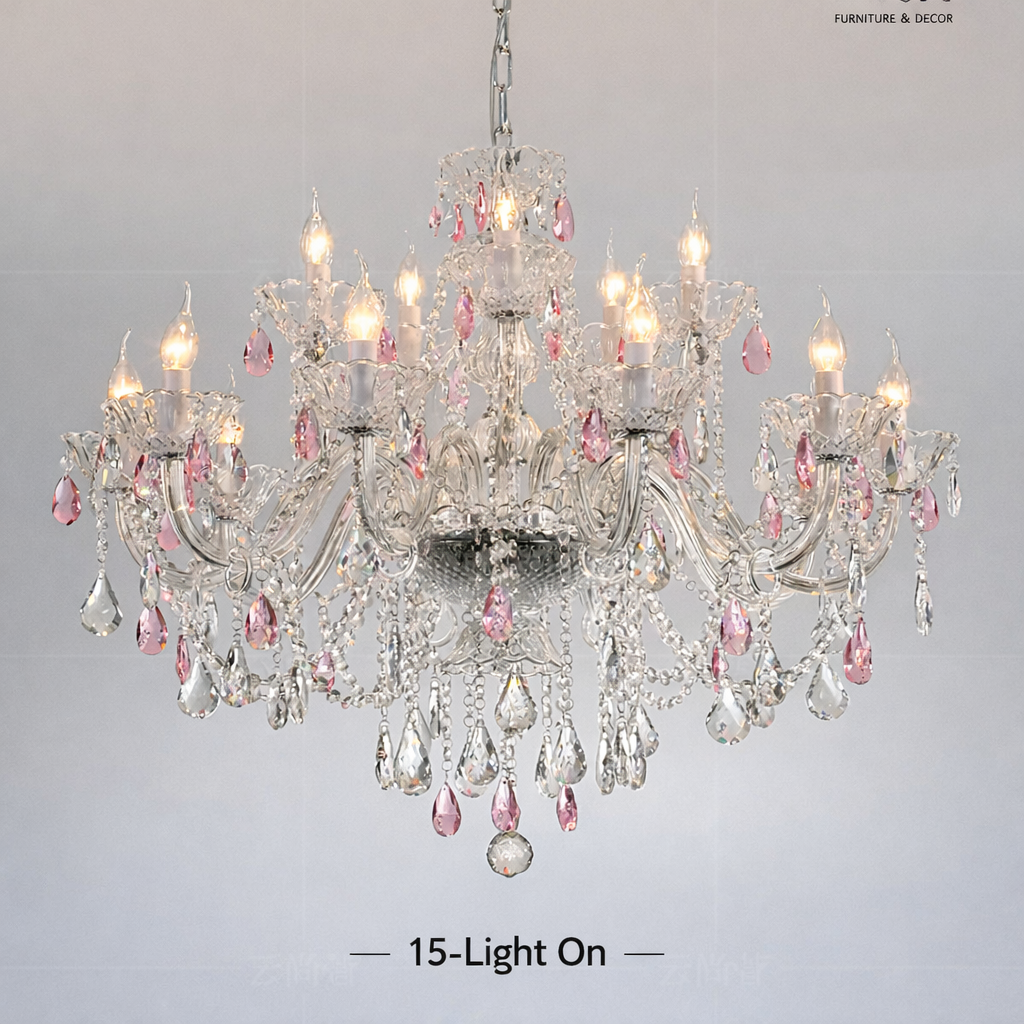 15-light pastel crystal chandelier shown illuminated.