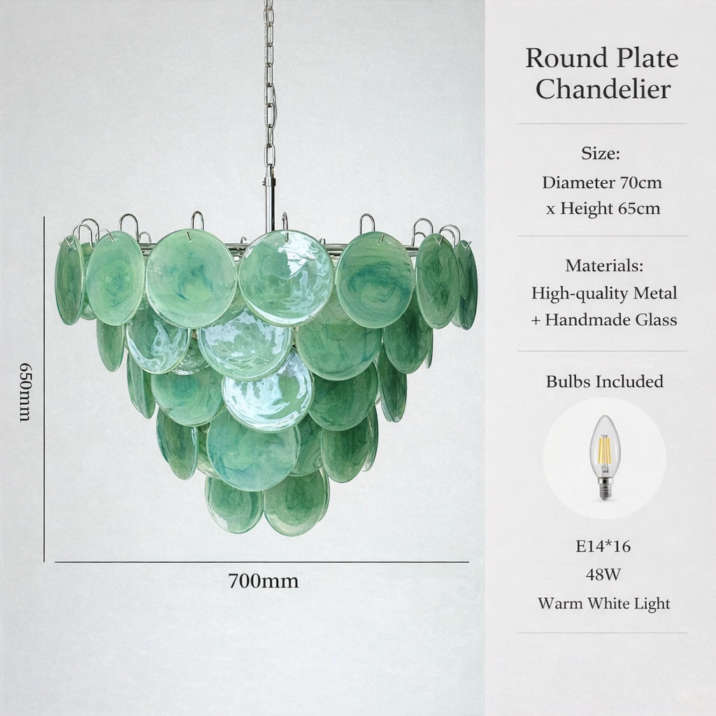 Specification panel showing the 70 cm by 65 cm emerald chandelier with metal frame, handmade glass and sixteen E14 bulbs.