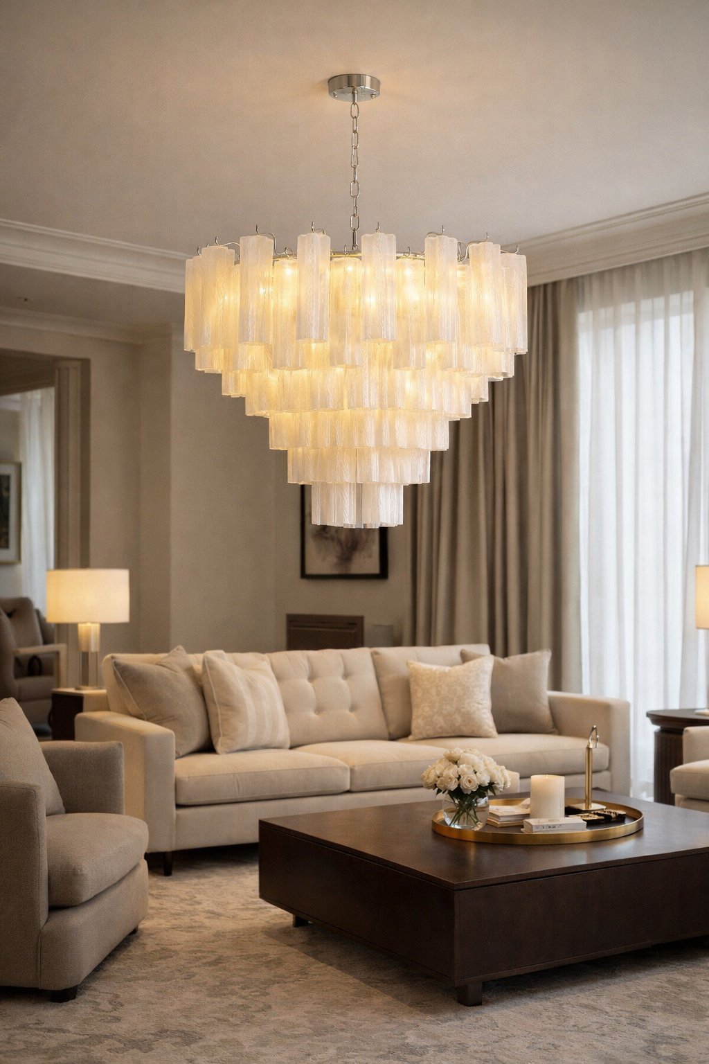 Ivory textured glass cascade chandelier illuminating a refined neutral living room.