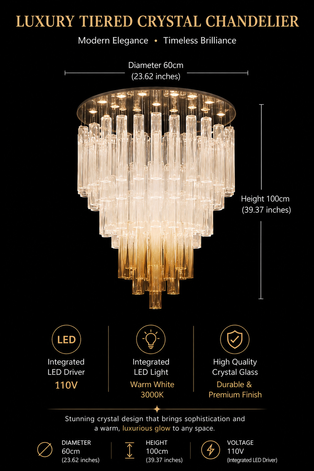 Dimension diagram for the tiered chandelier showing 60 cm diameter and 100 cm height.