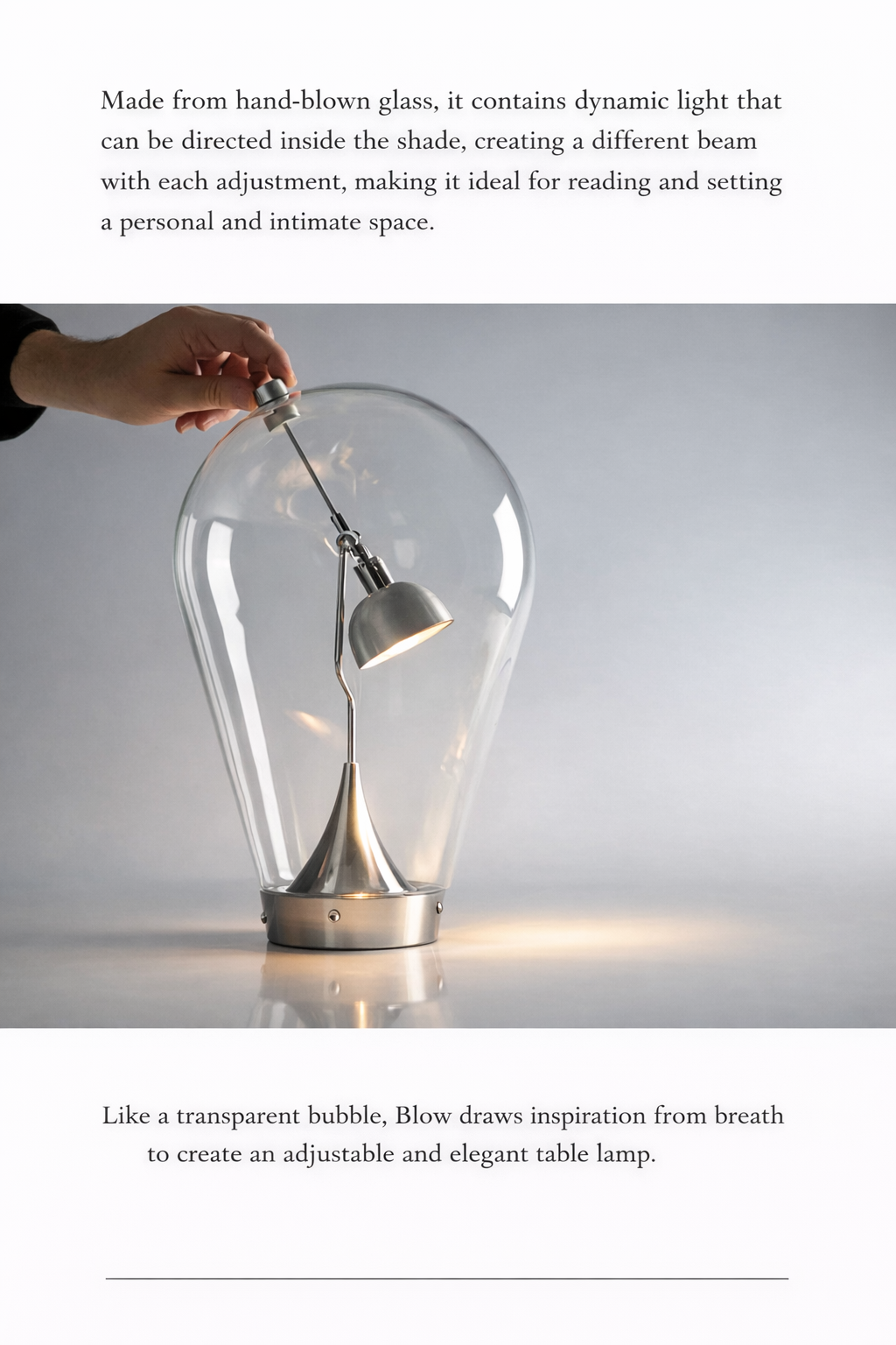 Adjustable directional lamp head inside the hand-blown clear glass dome.