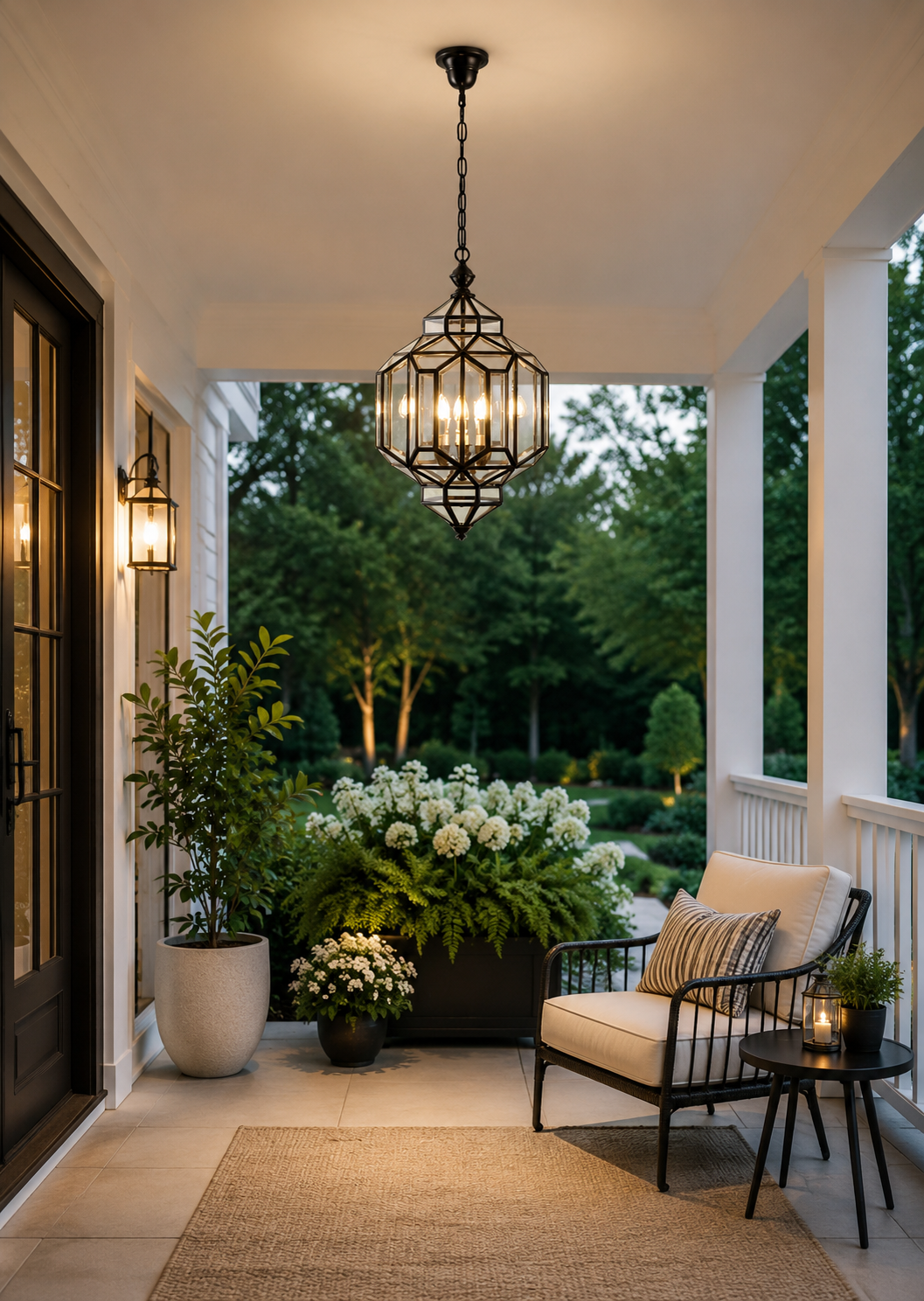 Black three-light geometric glass lantern pendant above a sheltered outdoor seating area.
