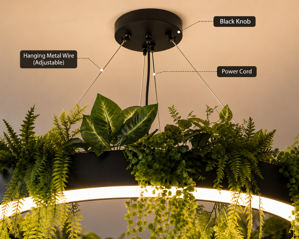 Close-up of the botanical halo pendant’s adjustable suspension wires, black ceiling canopy and power cord.