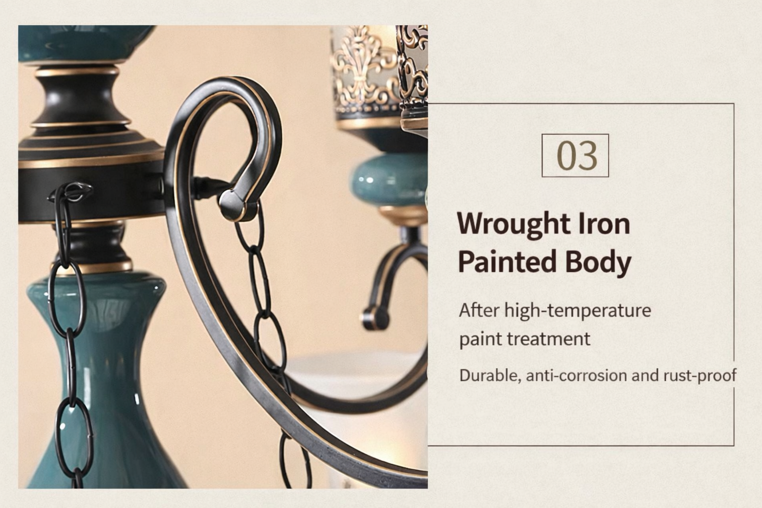 Close-up of the painted wrought-iron scroll arm and teal ceramic fittings.