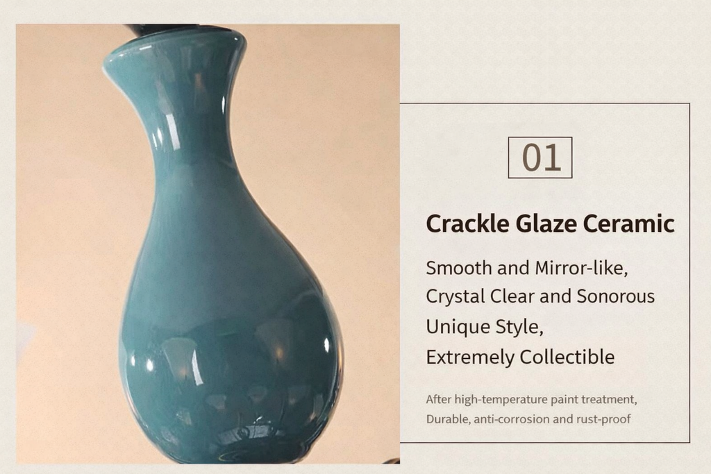 Close-up of the teal crackle-glaze ceramic centrepiece.