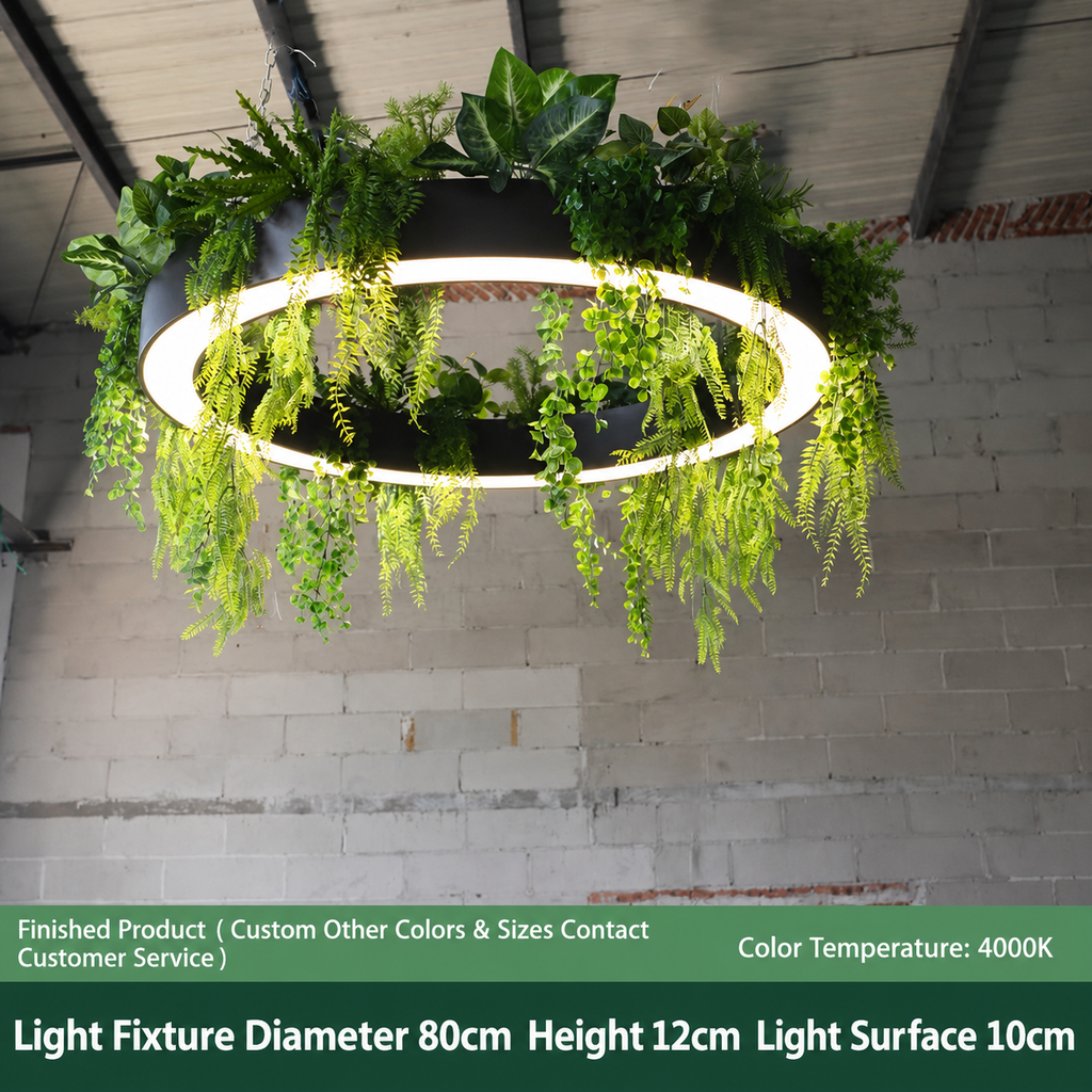 Finished botanical halo light showing 80 cm diameter, 12 cm height, 10 cm light surface and 4000K colour temperature.
