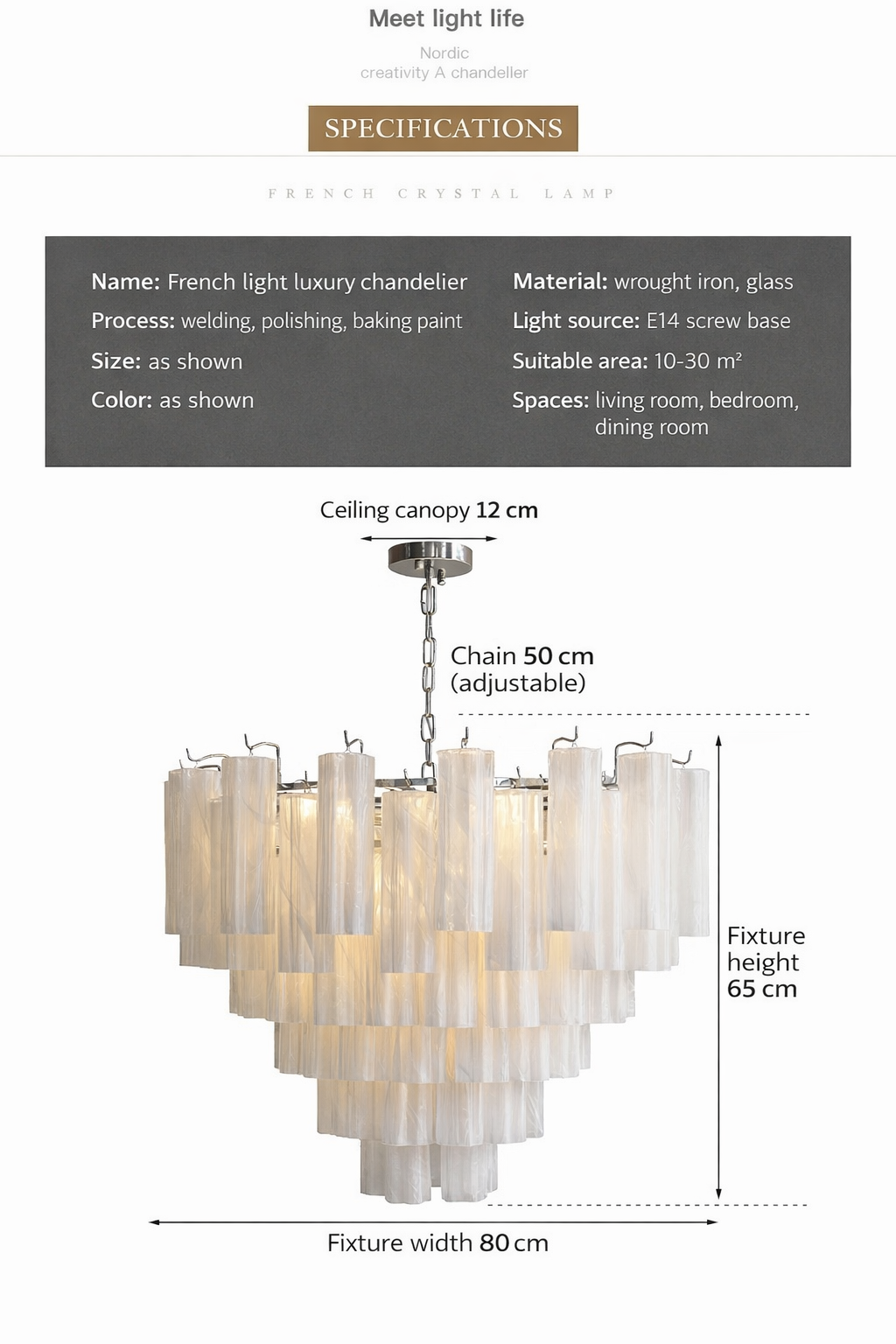 Specification diagram showing 80 cm width, 65 cm height, 50 cm chain, wrought iron, glass and E14 sockets.