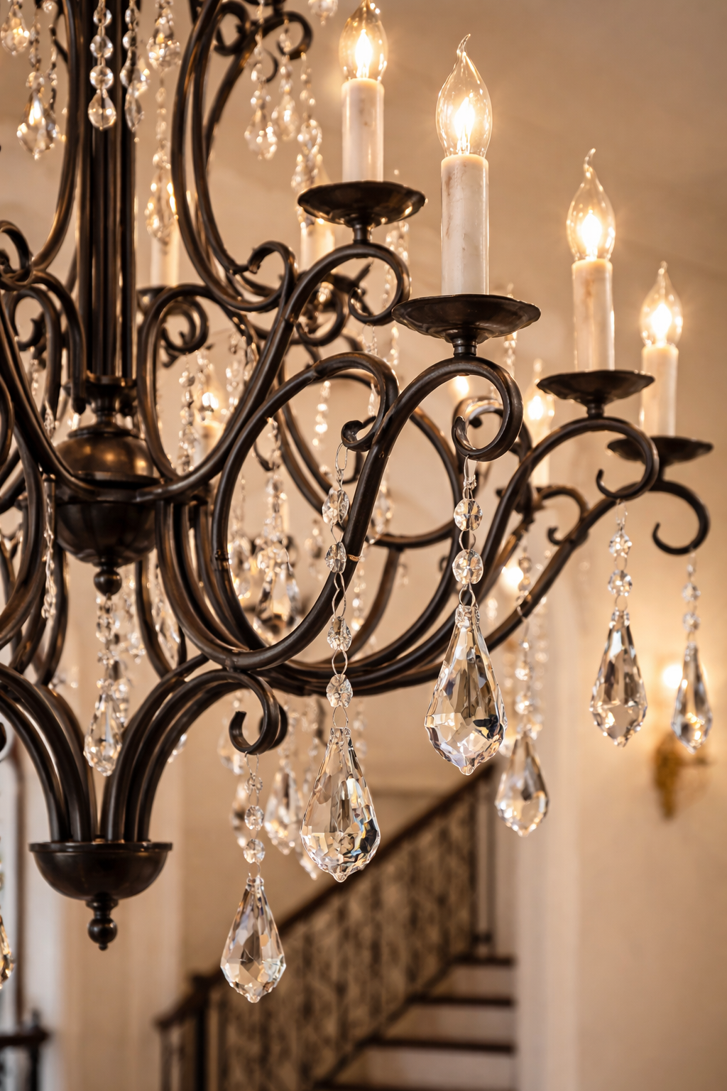 Close-up of the scroll arms, candle-style lights and hanging crystal drops.