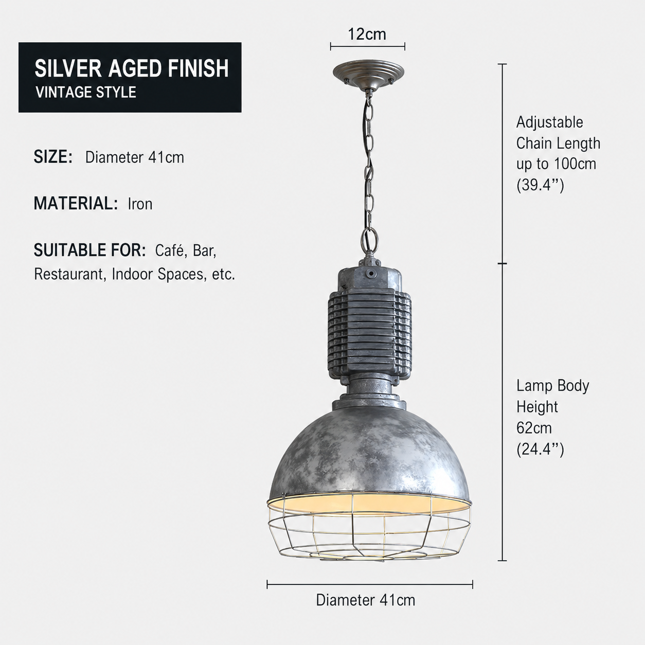 Dimension diagram showing the 41 cm dome, 62 cm lamp body and adjustable chain up to 100 cm.