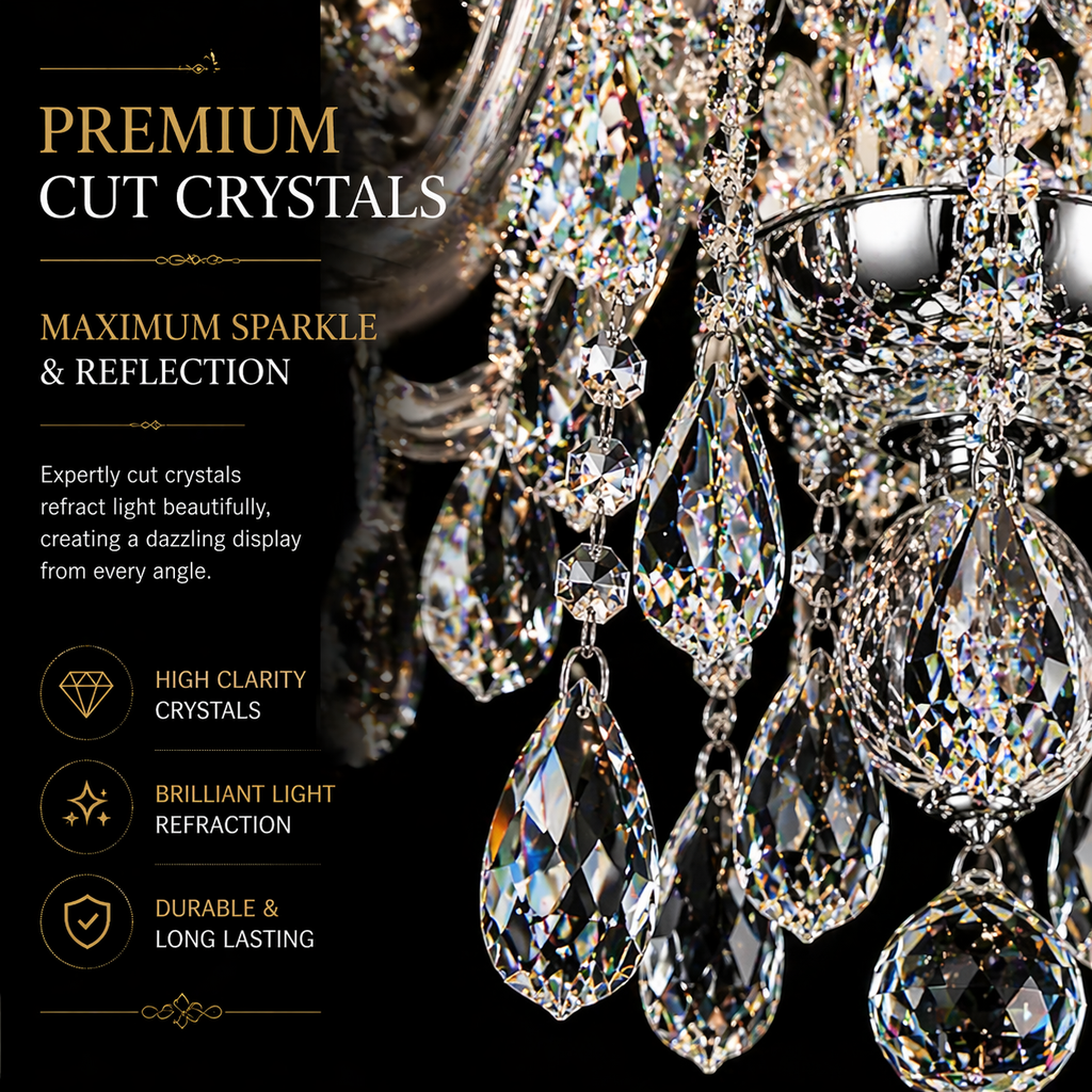 Close-up of faceted crystal drops reflecting light.