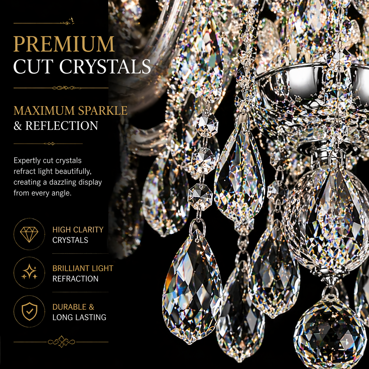 Close-up of faceted crystal drops reflecting light.
