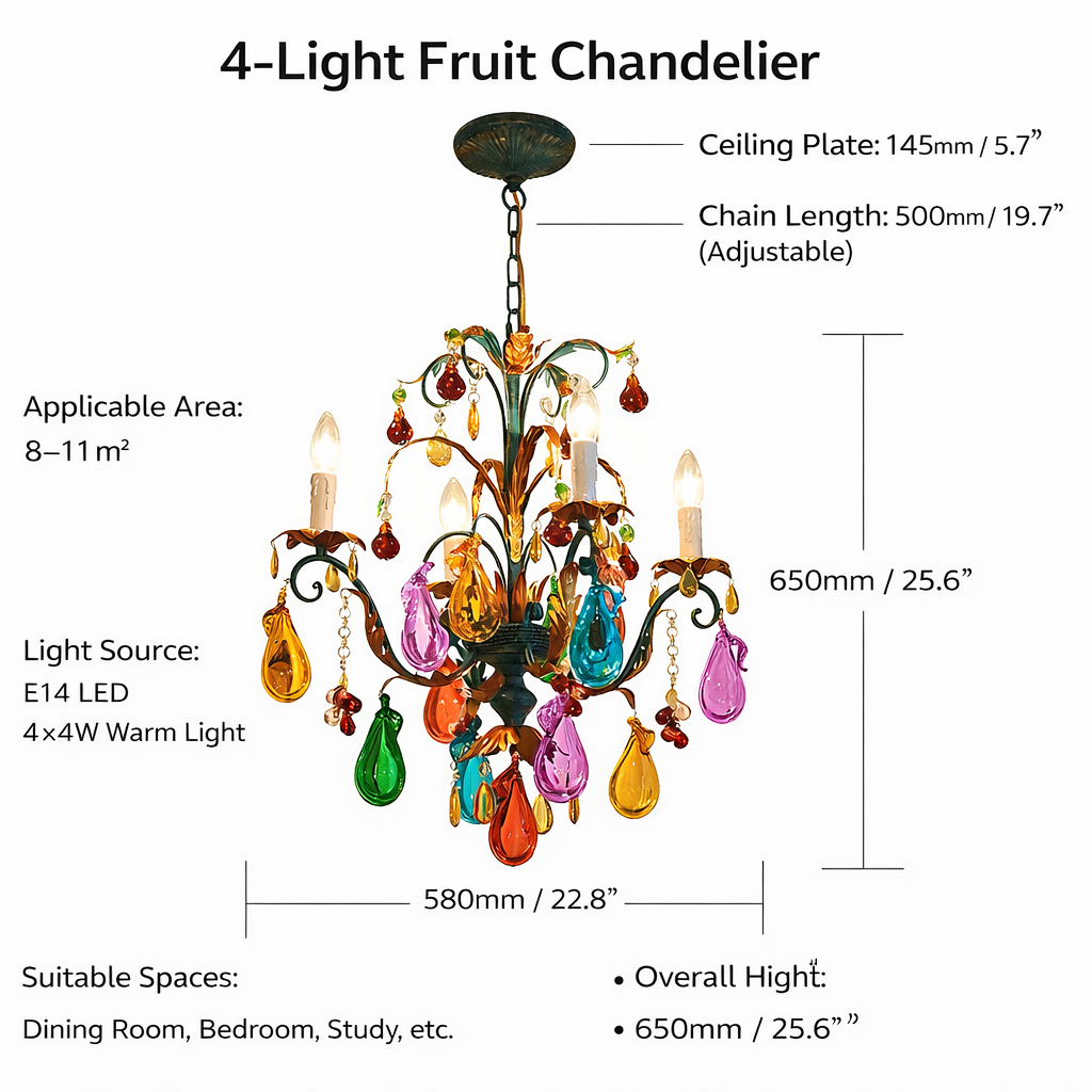 Specification diagram showing 58 cm width, 65 cm height, 50 cm chain and four E14 LED lights.