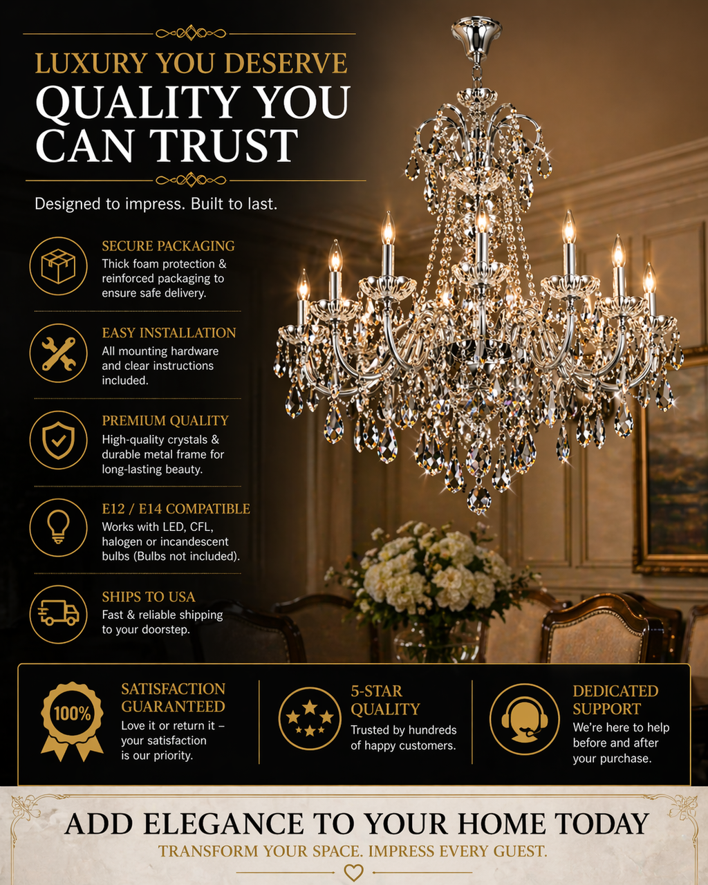 Quality and installation feature panel for the premium cut-crystal chandelier.