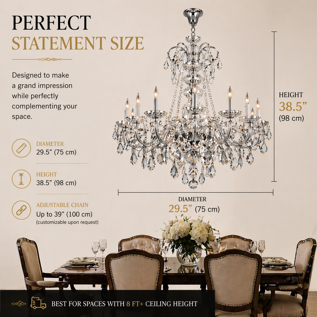 Dimension diagram showing the crystal chandelier’s 75 cm diameter, 98 cm height and adjustable chain.
