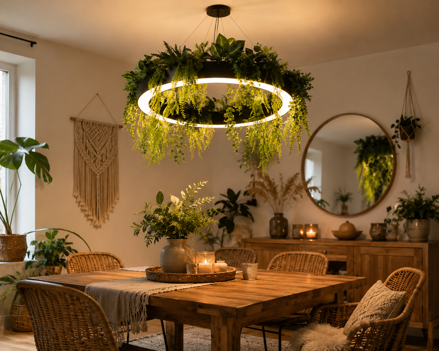 Botanical halo pendant with greenery suspended above a wooden dining table.