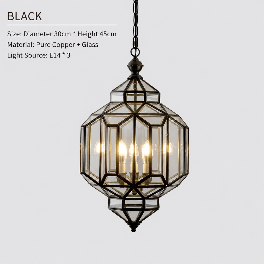 Specification image for the black lantern pendant showing 30 cm diameter, 45 cm height, pure copper and glass, and three E14 lights.