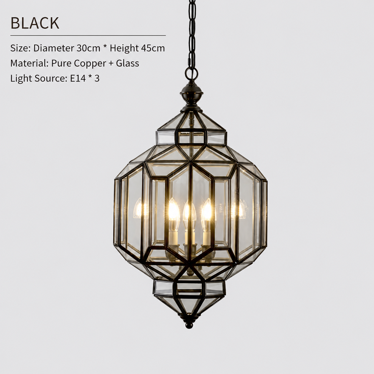Specification image for the black lantern pendant showing 30 cm diameter, 45 cm height, pure copper and glass, and three E14 lights.