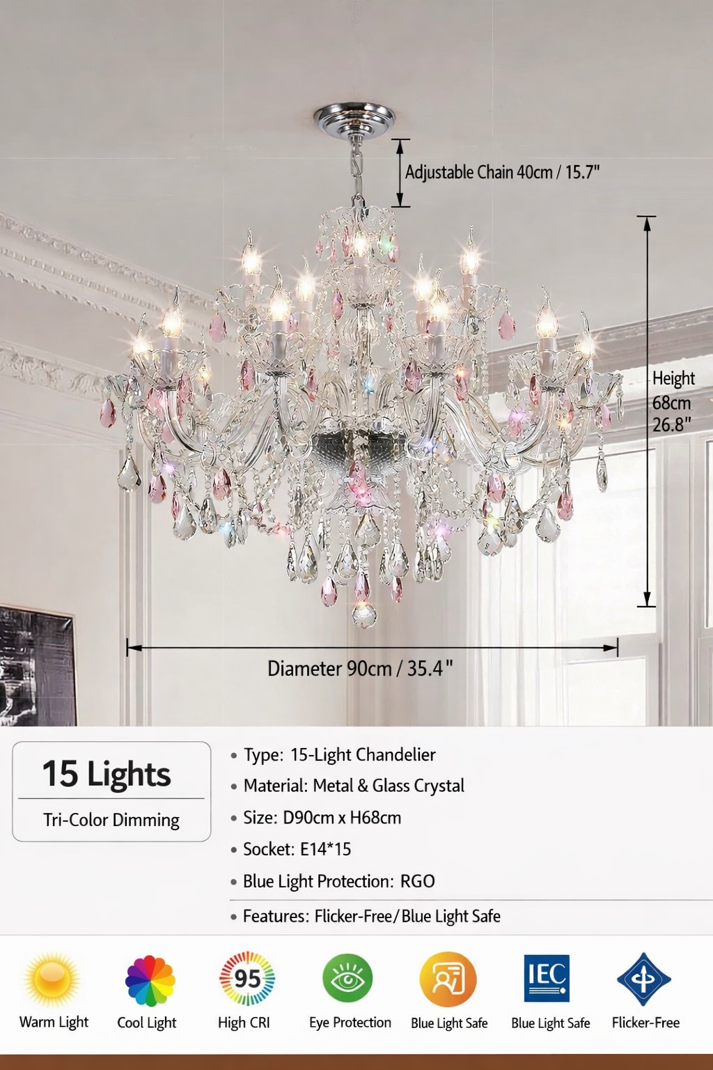 Specification diagram showing 90 cm diameter, 68 cm height, 40 cm chain and fifteen E14 lights.