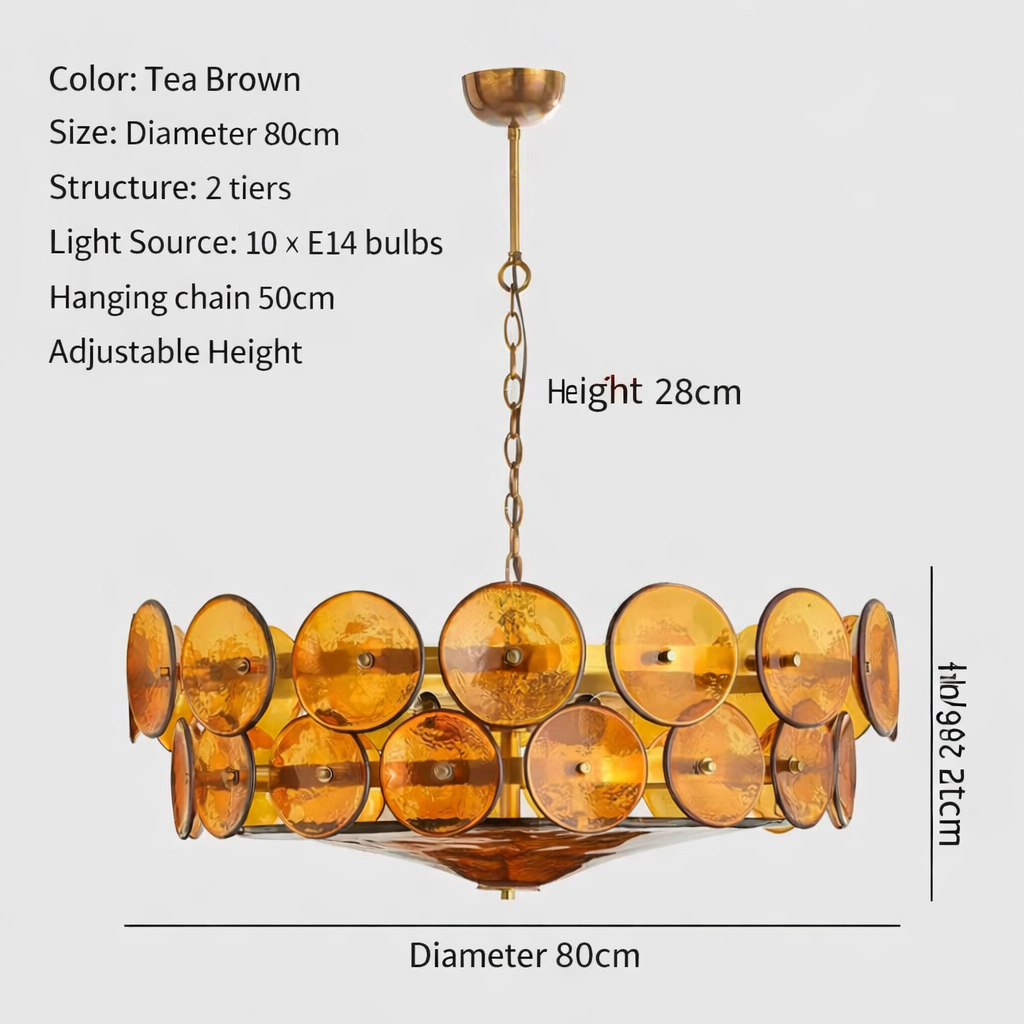 Dimension diagram showing the two-tier chandelier’s 80 cm diameter, 28 cm height, 50 cm chain and ten E14 lights.