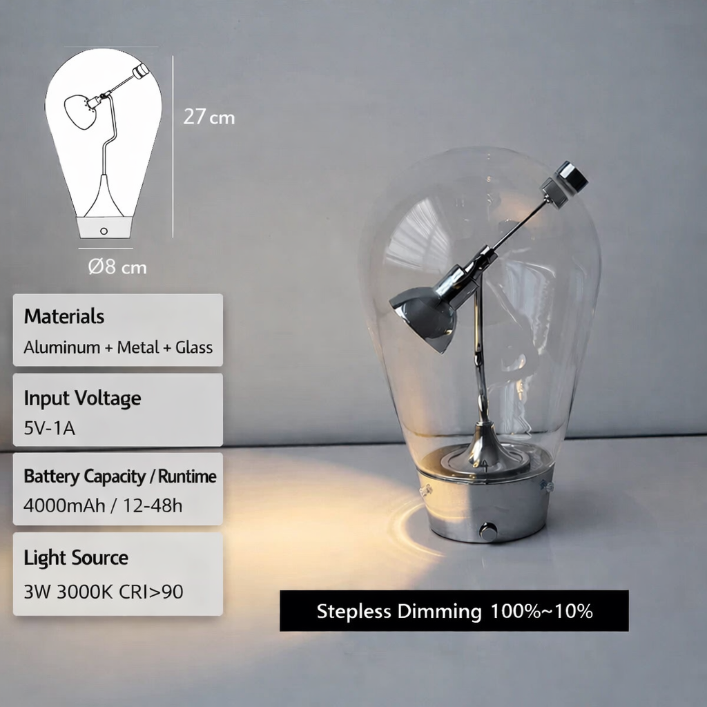 Specification panel showing 27 cm height, 5V input, 4000mAh battery, 3W 3000K LED and stepless dimming.