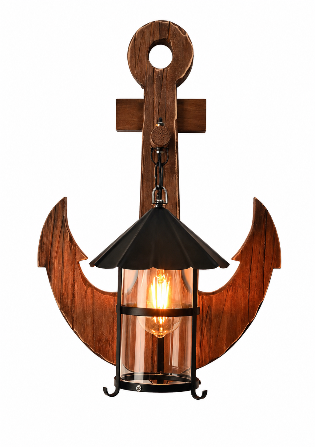 Front view of the solid-wood anchor wall light with metal and clear-glass lantern.